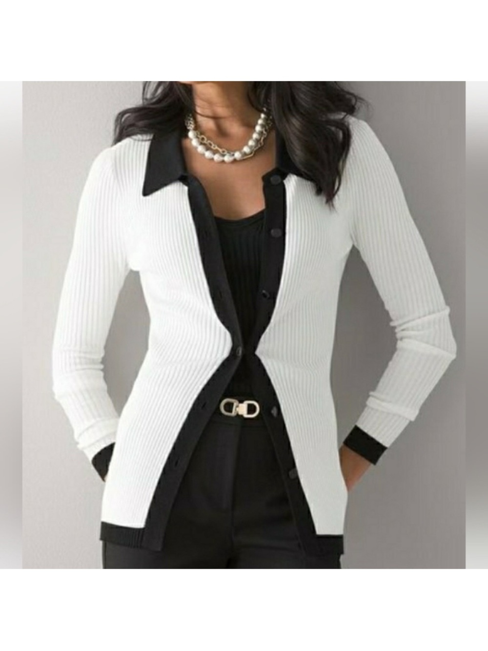 WHBM Ribbed B&W Cardigan